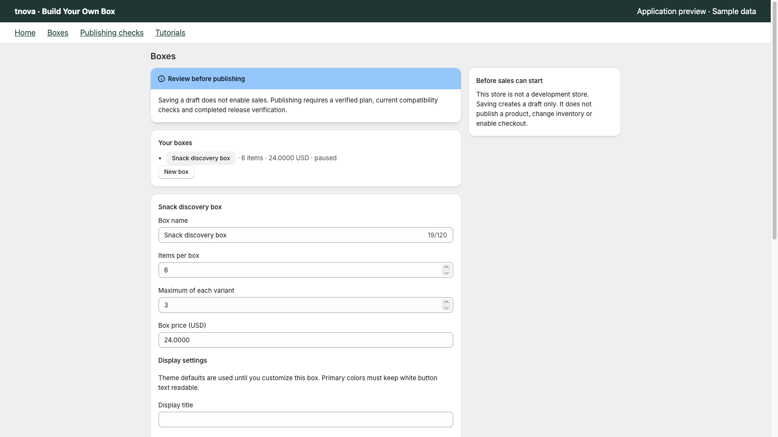 tnova box configuration screen with item count, fixed price and product limits