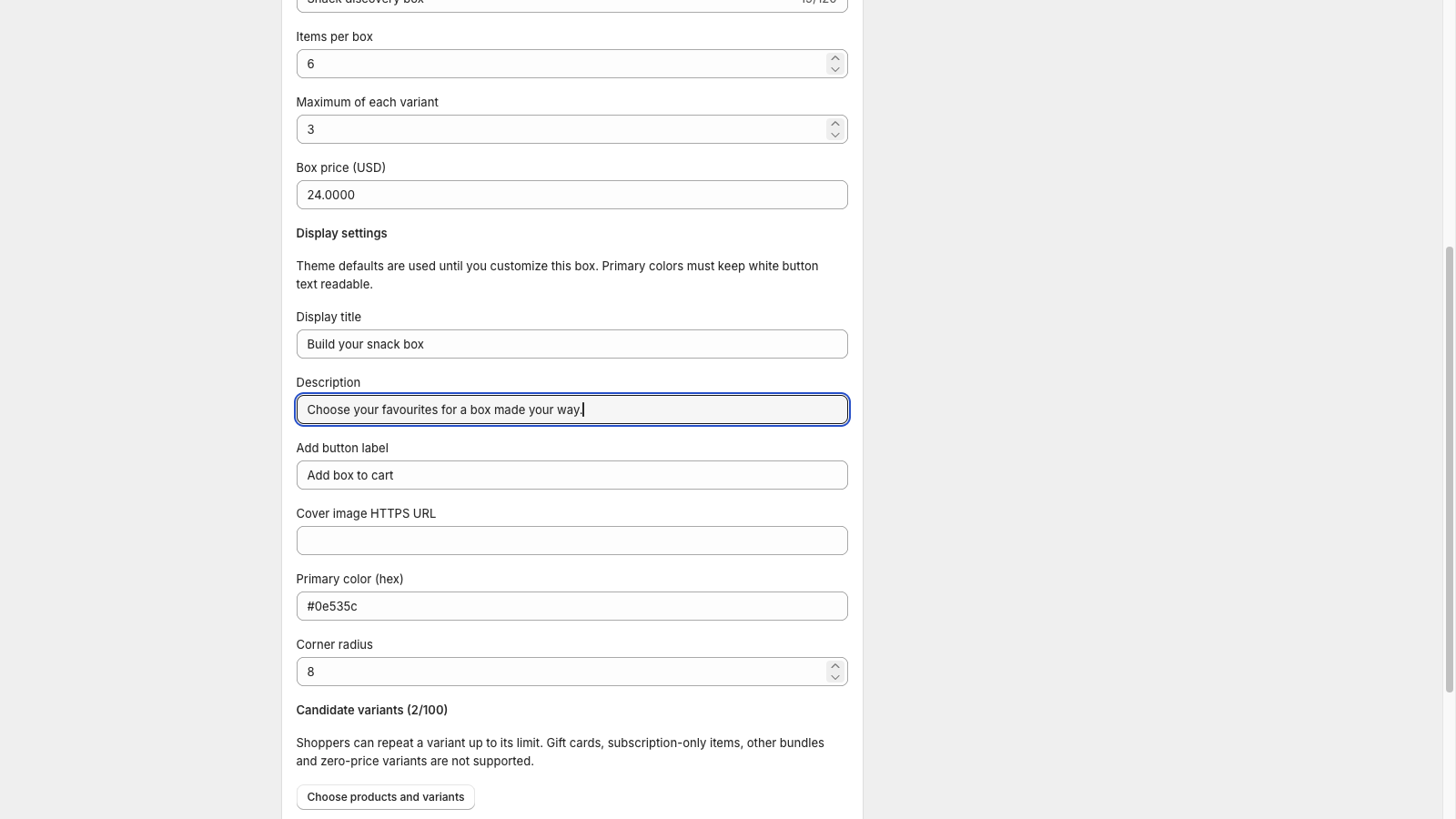 Display settings for the box picker, including title, description and button text