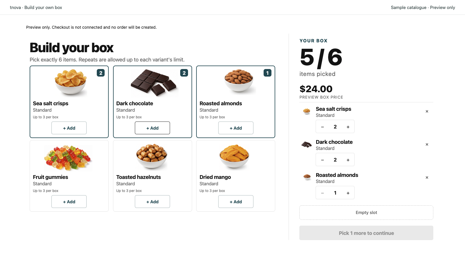 Product picker showing sample snacks, a six-item box and a fixed box price